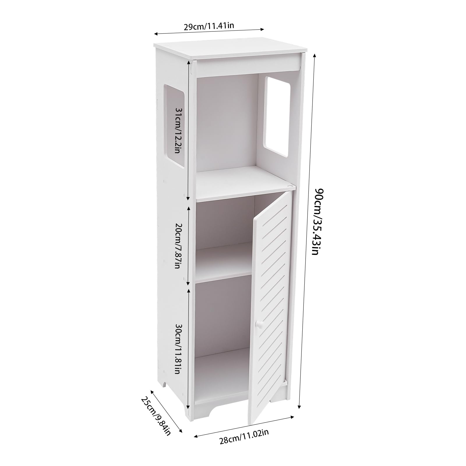 Armadietto da bagno bianco con porta, armadietto alto sottile per carta igienica e utensili da bagno, mobiletto basso compatto con ripiani, organizer versatile per bagno, WC degli ospiti e piccoli
