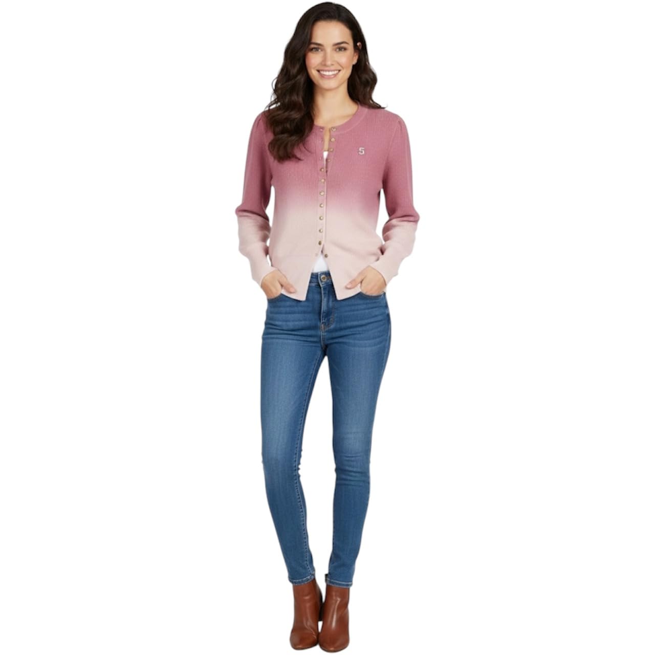 Women's Pink Ombre Cardigan Sweater L, Front Button, Acrylic Knit, Round Neck, Full Sleeves, Soft Warm Winter Knitwear, Stylish Gradient Color Jumper-image-15