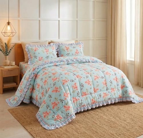 Image of HOMEKART 280 TC King Size Cotton 4pc AC Comforter Set: Soft Frill Quilt, Bedding Set Flat Sheet & 2 Frill Pillow Covers (Sky Blue and Peach Floral)