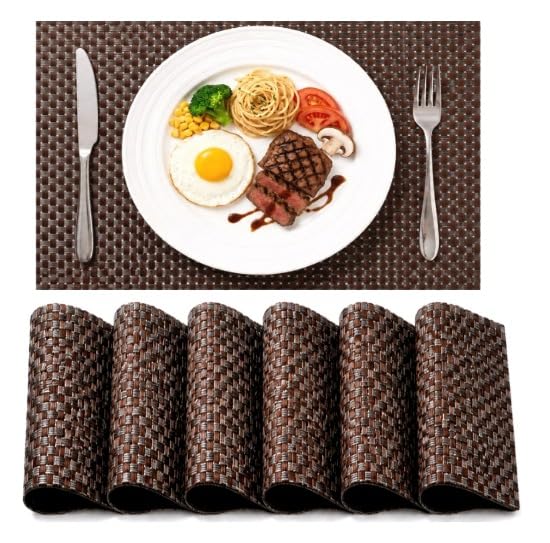 Image of Dribble Premium Anti UV-Mesh Woven PVC Table Placemats Set of 6 - Non-Slip, Heat Resistant, Washable Dining Table Mats for Kitchen, Dining & Office - 45cm X 30cm Durable Textured Design (Brown)