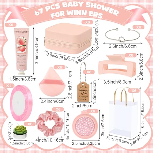 Baby Shower Prizes for Winners Gifts Headband Hair Brush Jewelry Box Plants Candles Bracelet Hand Cream Compact Powder Puff Hair Claw ribbon Gift Bag Beaded Necklace Bridal Shower(6 Sets-Pink)2