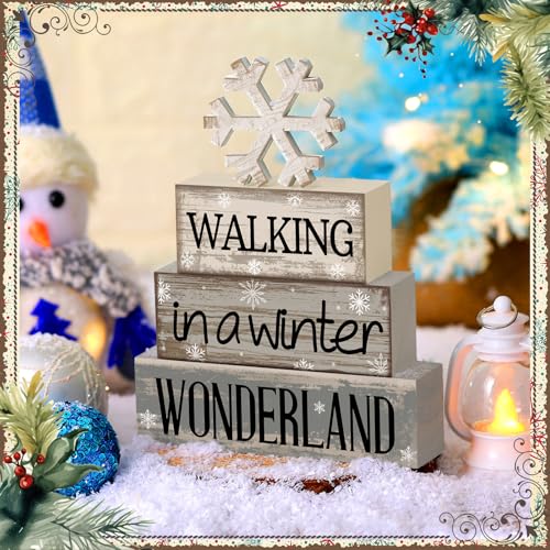 Image of Moucuny 4 Pcs Christmas Table Decorations Wooden Snowflake Decor Winter Tiered Tray Decor Rustic Snow Signs Block Gift Farmhouse Christmas Centerpiece for Wonderland Party Kitchen Shelf Home