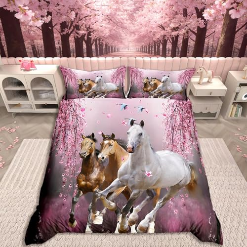 Homemissing Parure De Lit avec Housse De Couette pour Garçon Et Cheval Branches Fleurs Cerisier Steed Parure Lit pour Fille Adolescente Housse Couette Cheval...