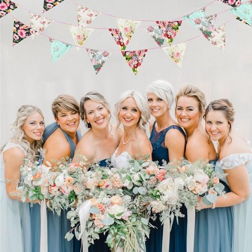 Image of Zwiebeco 32Ft Big Floral Fabric Pennant Banner Bunting Cotton Flowers Triangle Flags Garland Decorations for Birthday Wedding Engagement Baby Shower Tea Party Spring Rustic Village Home Garden Decor