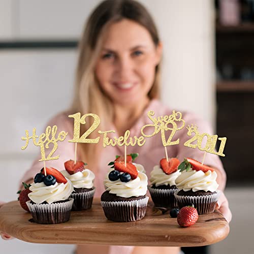 Gyufise 30 Pack Gold Glitter 12Th Birthday Cupcake Toppers Hello Sweet 12 Twelve Since 2011 Cupcake Picks For 12Th Birthday Party Cake Decorations Supplies #TOP5