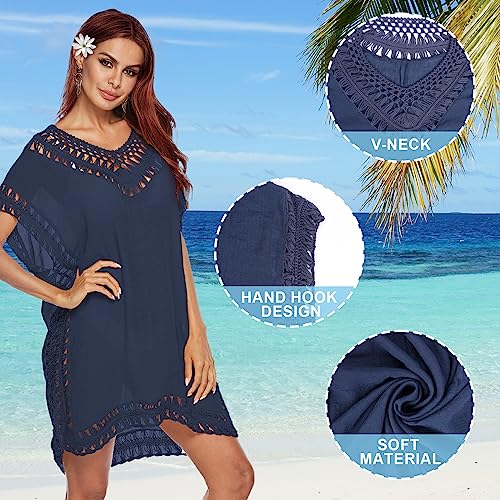 Minicoco Women Beach Dress Bikini Cover-Ups, V-Neck Summer Holiday Swimsuit Cutout Crochet Beach Tunic Boho Beachwear Swimsuit Bikini Cover-Ups for Summer (Polyester, Navy Blue) - Image 6