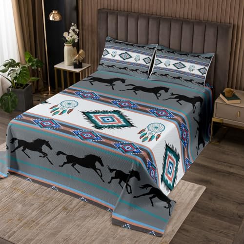 Castle Fairy Aztec Tribal Coverlet Set Queen Size,American Southwest Native Boho Durable Bedspread for Girls Teens,Ethnic Stripes Horse Gray Black Soft Polyester Quilt Set, with 2 Pillowcases