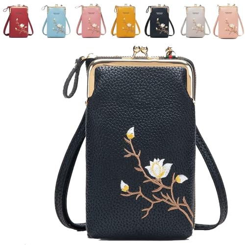 Women Sling Cross-Body Wallet with Mobile Cell Phone Holder,Leather Passport Bag with Crossbody Strap,Mini over Handbag Purse (Black)