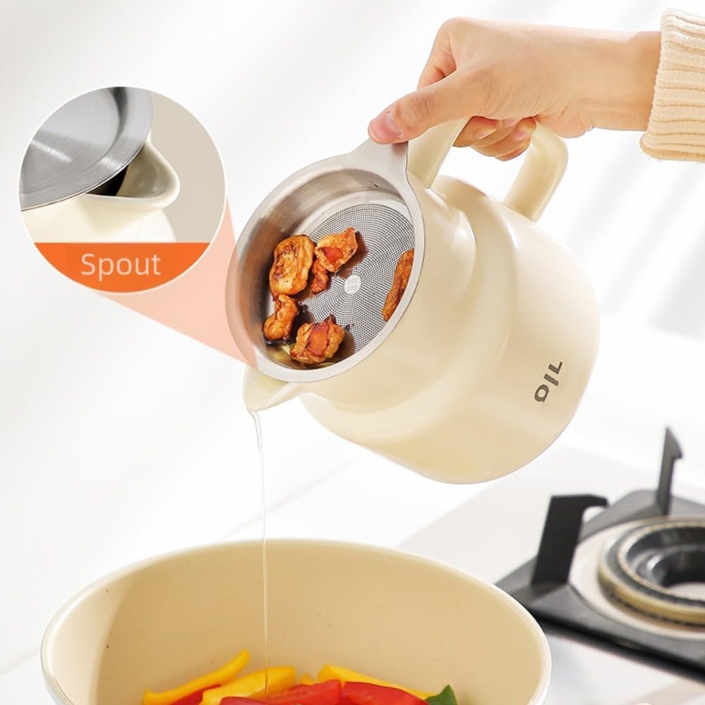 Recipiente para filtro de grasa de acero inoxidable con colador y tapa, recipiente de recogida de aceite de 1,5 L, resistente al calor, con mango de baquelita y posavasos antideslizante para cocina