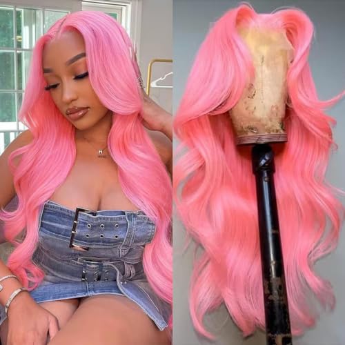 Msviki School Day Candy Pink Human Hair Wig Colored Body Wave Lace Front Wig Virgin Hair 13x4 UHD Transparent Swiss Soft Lace Preplucked Brazilian Hair 20" Valentine's Day Wig