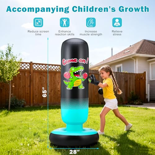 EIVONDA Saco de Boxeo Niños con Guantes de Boxeo y Bomba 165cm Grande Estable Dinosaurio & Golpear un Objetivo 2 en 1 Inflable Saco de Boxeo de Pie Regalo para Niños y Niñas 3-12 Años - imagen 2