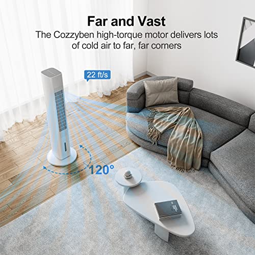 Cozzyben Evaporative Cooler Windowless Air Conditioner 120° Oscillating Tower Fan 3 Speeds, 7H Timer, Portable Ac With Removable Water Tank, Ice Packs, Remote Control , 6.1 In*5.11 In* 34.8 In, White #TOP1