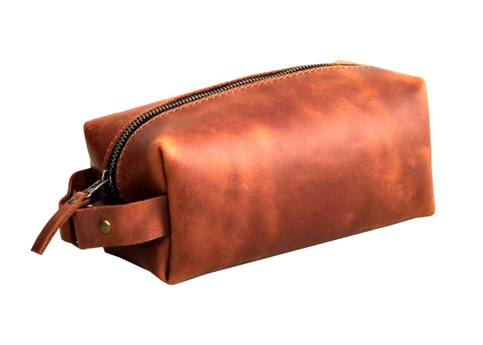 Neceser de piel auténtica para hombre – Kit Dopp organizador de viaje con cierre de cremallera – Bolsa de afeitado y aseo resistente al agua para viajes, gimnasio y viajes de negocios