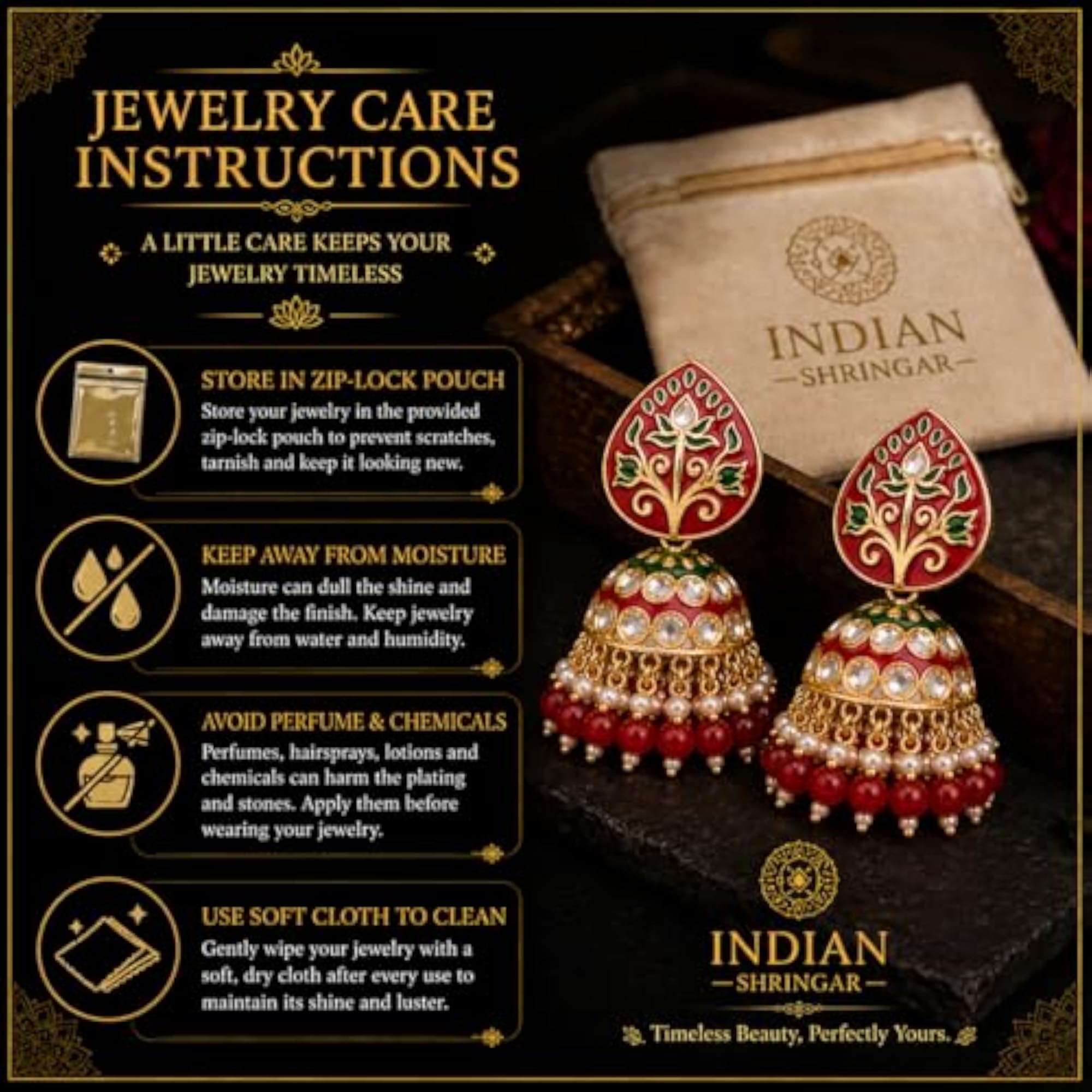 Women's Elegant Kundan Meenakari Jhumki Earrings with Pearl Drops