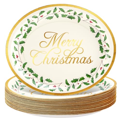 Whaline Christmas Oval Paper Plate Dinner Plate Holy Leaf Gold Foil Disposable Plates for Xmas Holiday Picnic Party Dinnerware Table Decorations, 50 Pcs