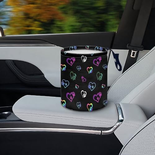 Image of Colorful Dog Paw Heart Car Trash Bag, Car Trash Can - Cute, Portable, Collapsible for Back Seat, Floor, or Hanging Headrest Waste Basket