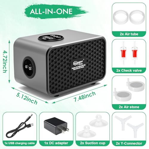 hygger Aquarium Air Pump, USB Rechargeable Battery Powered Fish Tank Air Pump 6W/10W with LCD Display Dual Outlets, Adjustable Aerator for Fish Oxygen Pump for 5-200 Gallon Tank by hygger - Image 7