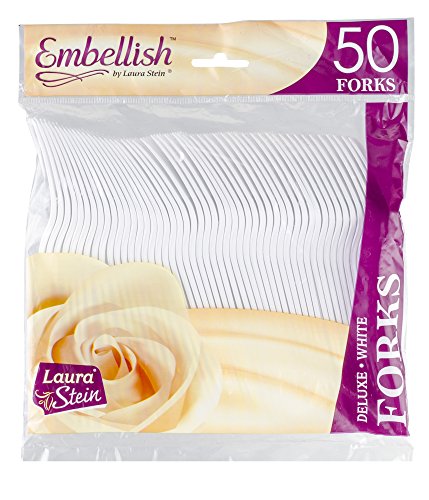 [50 Forks] Embellish White Disposable Heavy Duty Plastic Forks, Ideal For Wedding, Catering, Parties, Buffets, Events, Or Everyday Use,