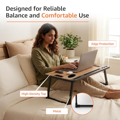 Image of Amazon Basics Engineered Wood Foldable Laptop Table with Cup and Pen Holder, Tablet and Mobile Phone Groove | Mini Drawer, Use for Writing, Bed, Breakfast (60L x 40W x 25H cm, Brown)