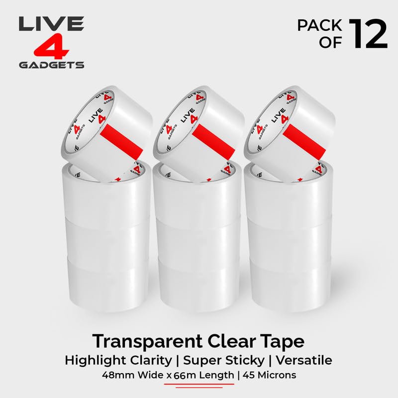 live4gadgets Strong Heavy Duty Cellotape Roll Pack Clear Packaging Tape, Clear Parcel Tape, Pack of 12 - Image 2