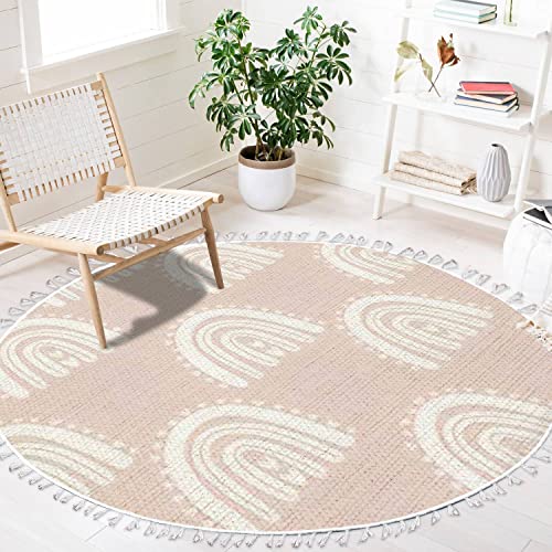 Dnewynpabv Round Boho Rug Kids Hand Drawn Seamless With Pink Pastel Rainbows Summer For Baby Area Linen Carpet Patio Hallway Runner Mat Pad Minimalist Home Decor Living Room Outdoor, Multi, 4 Ft #TOP2