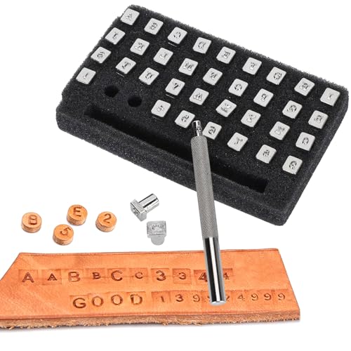 Uadme 37 Pièces Kit d'Estampage Cuir, Poincon Alphabet Metal Acier Argenté (26 Lettres + 10 Chiffres), avec Poignée d'Impression, Lettre a Frapper pour...