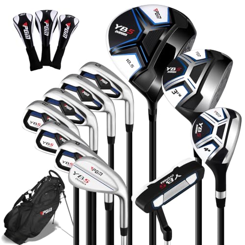 PGM Men's Complete Golf Club Sets - 15 Pieces - 2 Wood (#1,3), 1 Hybrid (#4H), 7 Irons(#5,6,7,8,9,PW,SW), 1 Putter - Golf Stand Bag - Right Handed - Ideal for Beginners - Graphite+0.5"