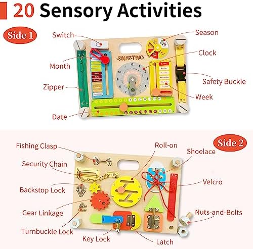 Smartwo Double-Sided Busy Board, 20+ Montessori Activities Wooden Sensory Toy for Preschool Educational Learning, Train Kid’s Fine Motor, Concentration, and Life Skill Abilities 2 511ml7seGLL. AC