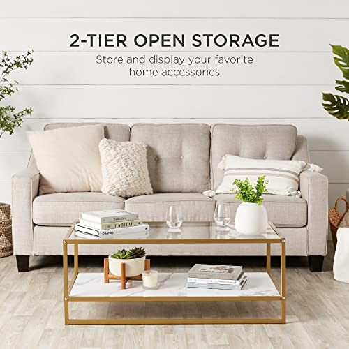 Best Choice Products 44In Glass Coffee Table 2 Tier Rectangular Coffee Table White & Gold With Faux Marble Shelf Interchangeable Glass & Shelf Accent Table, Living Room Table - Gold #TOP3