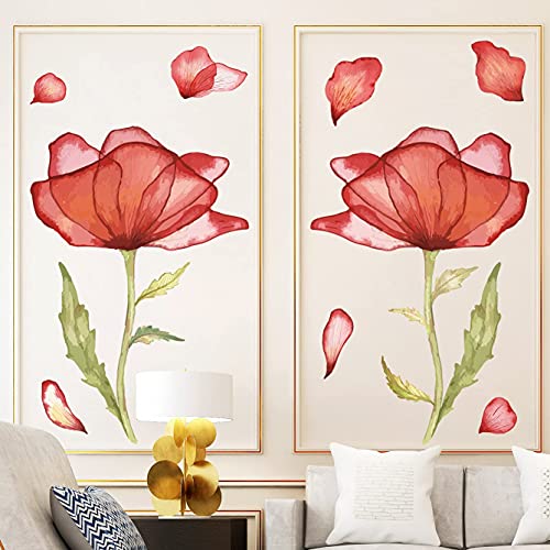 Rw-5945 Giant Red Flower Wall Decals 3D Poppy Floral Wall Stickers Diy Removable 2 Large Flowers Green Leaf Petals Wall Art Decor For Kids Girls Women Bedroom Living Room Nursery Office Decoration #TOP14