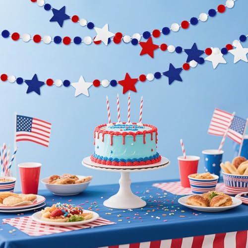 Image of Jansun 4 Pack 26.3 Ft 4th of July Patriotic Red Blue White Stars Banner | Tassel Pom Pom Red Blue White Star Garland, for Independence Day Veterans Party, Memorial Day Birthday Hanging Decorations