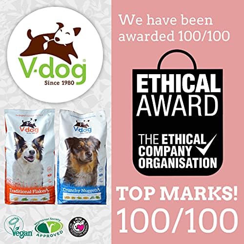 V-Dog Vegan Dog Food. Complete dry dog food. Crunchy Nuggets non-gm, hypoallergenic kibble for large and small breeds. Meat-free, holistic dried food for over 40 years. 15Kg
