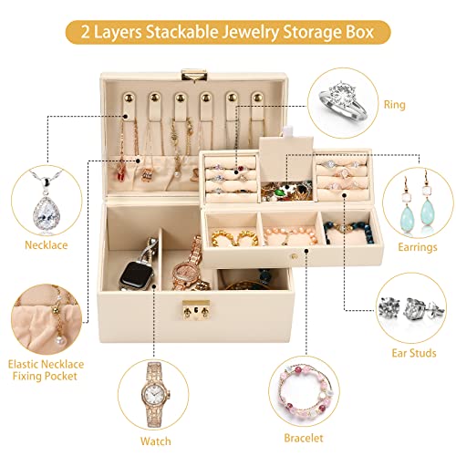 Chfong Jewelry Box, 2 Layers Pu Leather Display Jewellery Holder, Removable Travel Portable Jewelry Case For Necklace Earrings Rings Bracelets, Jewelry Boxes Organizer For Women Girls Wife - Beige #TOP6