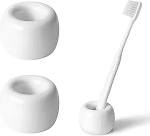 AirMoon Mini Ceramic Toothbrush Holder for Bathroom - White Small Countertop Organizer, Easy Clean Toothbrush Stand, Suit for Electric Toothbrush Head, Pens & Coffee Spoon, Pack of 2