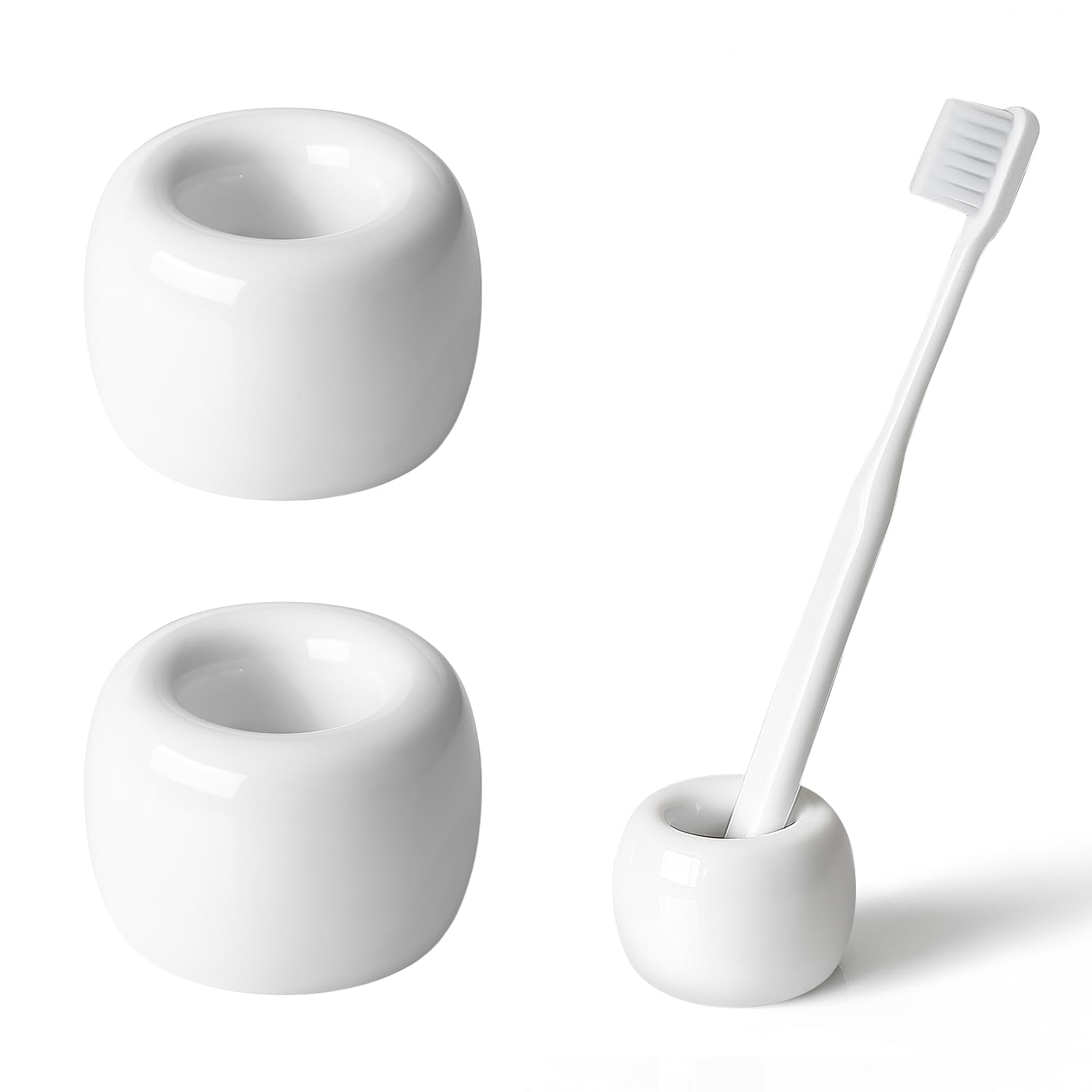AirMoon Mini Ceramic Toothbrush Holder for Bathroom - White Small Countertop Organizer, Easy Clean Toothbrush Stand, Suit for Electric Toothbrush Head, Pens & Coffee Spoon, Pack of 2
