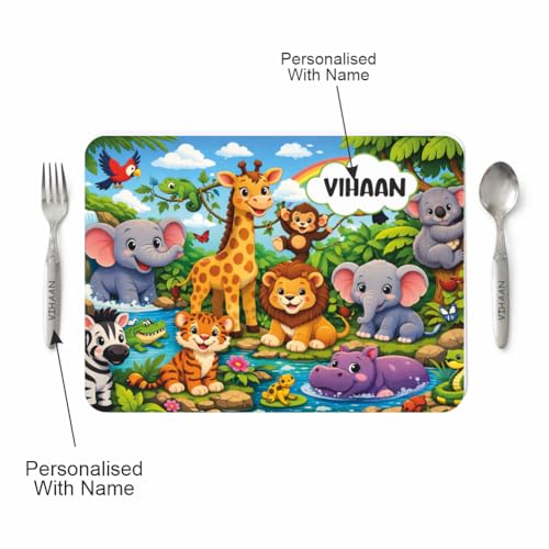 Image of Customized Table Mat with Name & Design Engraving | Personalized Dining Mat with Spoon & Fork | Customized Birthday Gift for Kids (Jungle)