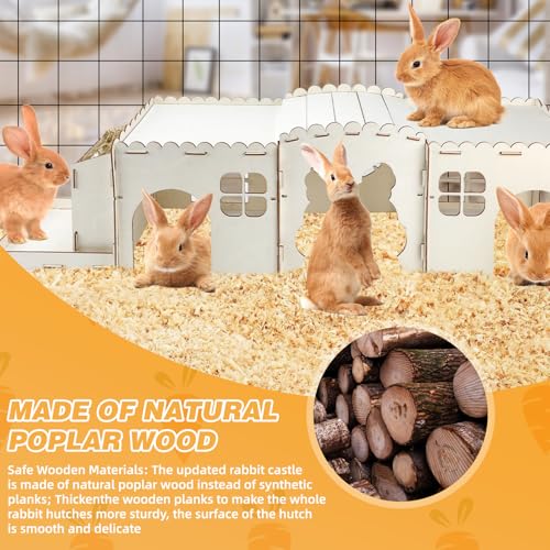GINDOOR Castelo de esconderijo de coelho extra grande com alimentador de feno, casa de coelho de mad