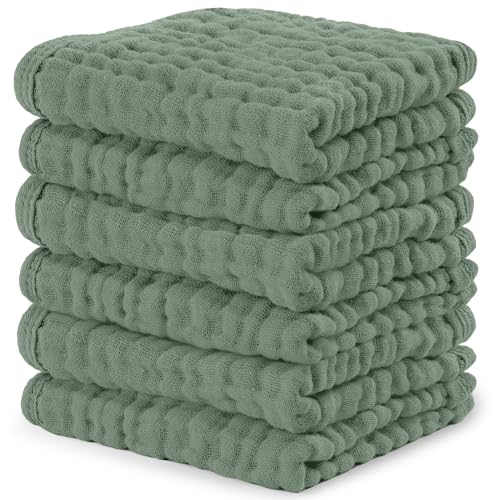 Image of Comfy Cubs Muslin Baby Washcloths 6 Pack - Soft 6-Layer Cotton Wash Cloths for Sensitive Skin - 10"x10" Large, Gentle, Absorbent Infant Essentials for Newborn and Toddlers - Fern