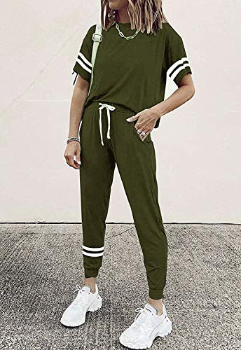 Image of PRETTYGARDEN Women's Two Piece Outfits Striped Short Sleeve Pullover and Long Pants Tracksuit Pajama Lounge Jogger Sets