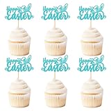 24Pcs Glitter Blue Happy Easter Cupcake Toppers Happy Easter with Bunny Ears Cupcake Picks for Easter Baby Shower Blue Boys Birthday Party Easter Sunday Cake Cupcake Decorations