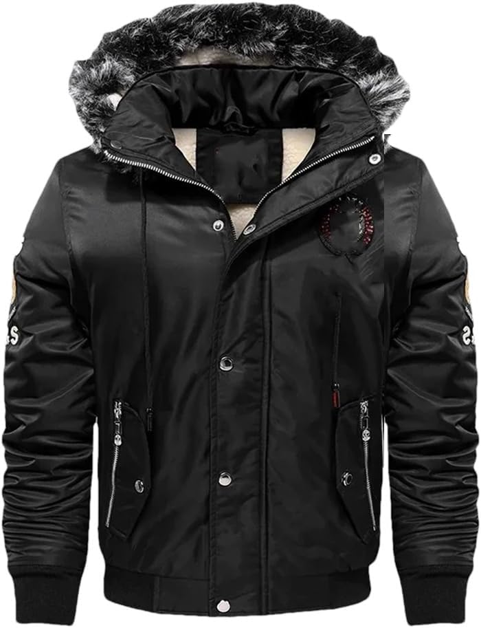 Men Slim Fit Zip Front Casual Jacket Detachable Hooded Down Jackets Fleece Parkas Warm Coats