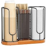 Coffee Cup and Lids Holder - Disposable Cups Straws Organizer with Wooden Base - Paper Plastic Cup Holder Dispenser Storage for Countertop Coffee Station Bar Restaurant Office Breakroom Shop Kitchen