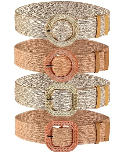 Image of WILLBOND 4 Pcs Women's Elastic Raffia Woven Belt, Boho Rattan Buckle Stretch Straw Wide Waist Belt for Dresses Jeans Pants