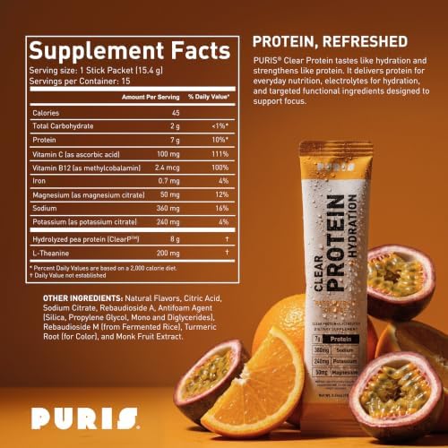 PURIS Clear Protein + Electrolytes, Passionfruit Orange, Vegan, 15 Packets