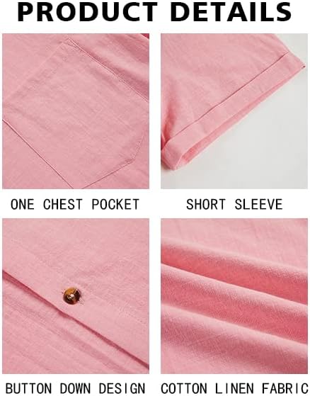 Bbalizko Mens Short Sleeve Button Up Shirts Linen Cotton Beach Tops Spread Collar Plain Summer T Shirt with Pocket - Image 5