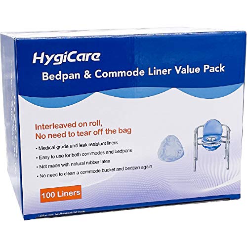 HygiCare Bedpan & Commode Liners Value Pack | 100 Count | Leakproof, Medical Grade, Interleaved Bags on Roll, Tie Easy