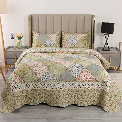 Quilt Set Queen Size Green Floral Patchwork Quilted Bedspread Coverlet Set 3-Piece Reversible Comforter Lightweight Stitched Quilt Bedding Set Bed Sheet Set Cover Blanket With 2 Pillow Shams #TOP1