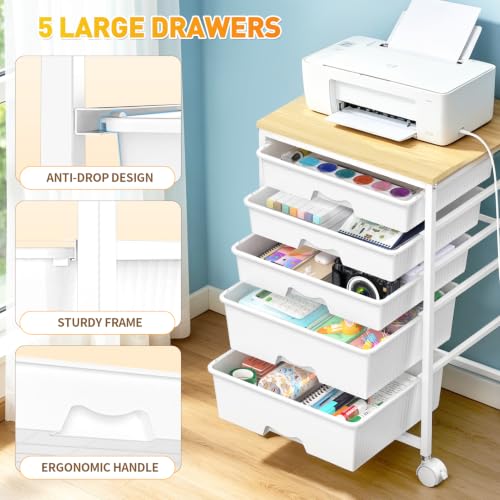 Image of SUNALLY Rolling Carts with 5 Drawers, Storage Drawer Carts for Craft, White