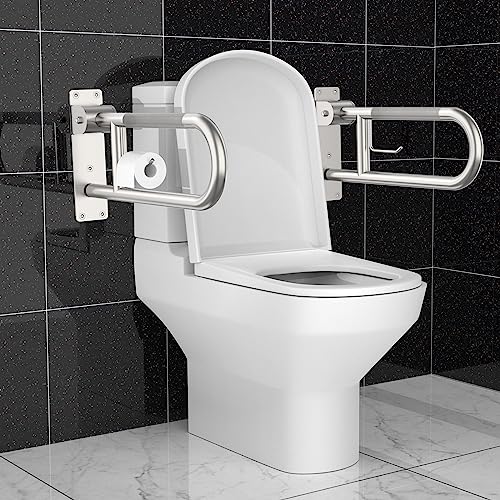 Image of Toilet Grab Bar 24 Inch, Munzong Anti-Slip Handicap Grab Bars with Paper Holder, Flip-Up Bathroom Toilet Safety Rails, Stainless Steel Knurled Support handrails for Seniors Elderly Disabled Pregnant