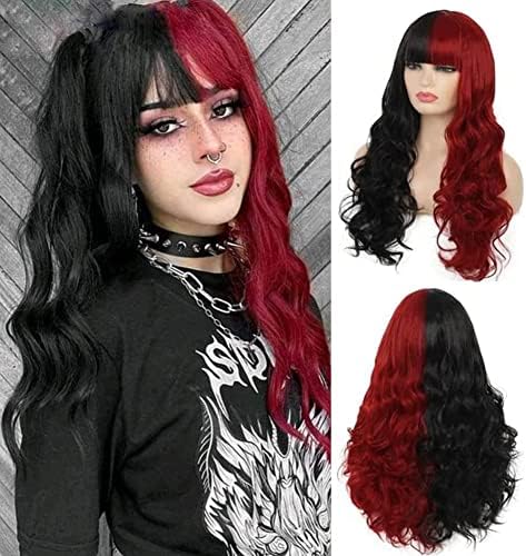Beweig Half Red Black Wigs with Bangs Long Curly Wavy Cosplay Wig Synthetic Heat Resistant Halloween Costume Wig With Wig Cap